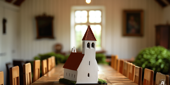 Modelkirke på et mødebord