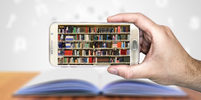 mobil telefon med billede af et bibliotek