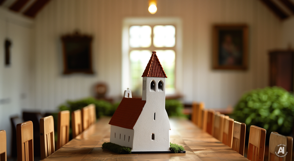 Modelkirke på et mødebord