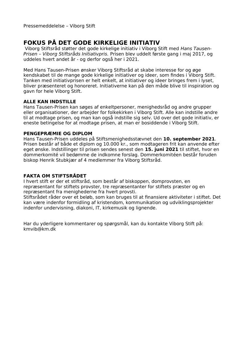 Hans Tausen Prisen 2021 Pressemeddelelse